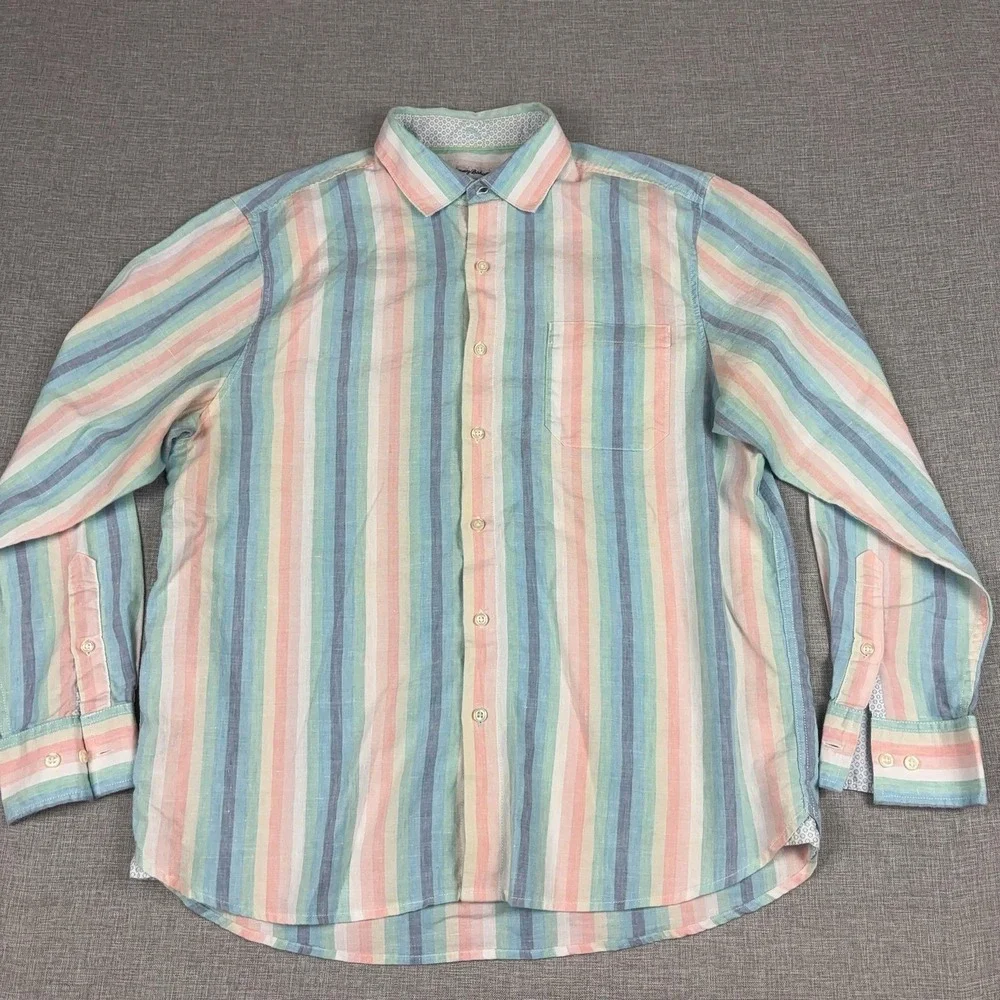 Tommy Bahama Shirt Mens Large Multicolor Striped Long Sleeve Linen Button Up